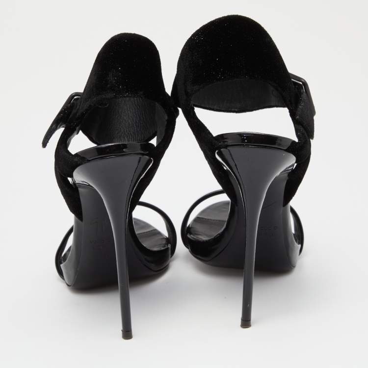 Pre Owned Giuseppe Zanotti Black Velvet and Patent Leather Ankle Strap Sandals Size 38
