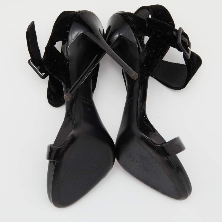 Pre Owned Giuseppe Zanotti Black Velvet and Patent Leather Ankle Strap Sandals Size 38