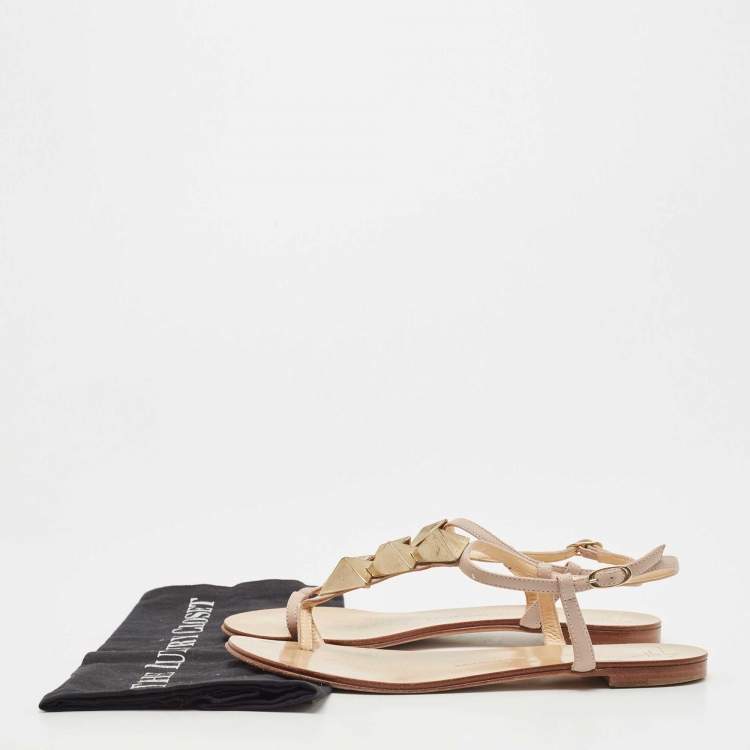 Pre Owned Giuseppe Zanotti Dusty Pink Leather Studded T-Strap Toe Ring Flat Sandals Size 39