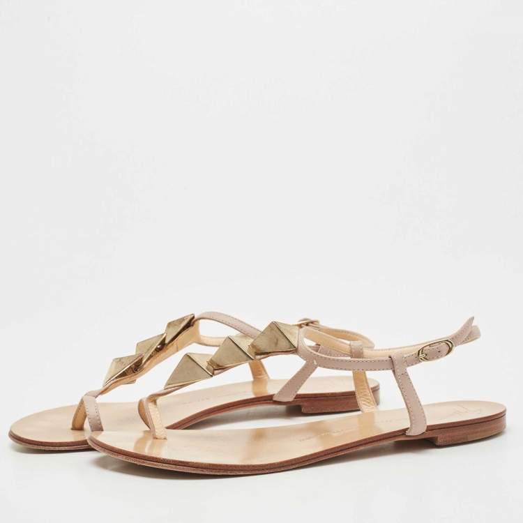 Pre Owned Giuseppe Zanotti Dusty Pink Leather Studded T-Strap Toe Ring Flat Sandals Size 39