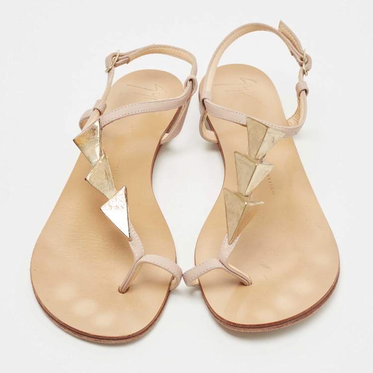 Pre Owned Giuseppe Zanotti Dusty Pink Leather Studded T-Strap Toe Ring Flat Sandals Size 39