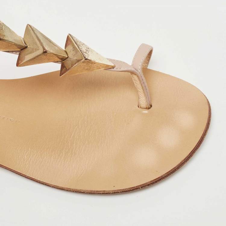 Pre Owned Giuseppe Zanotti Dusty Pink Leather Studded T-Strap Toe Ring Flat Sandals Size 39