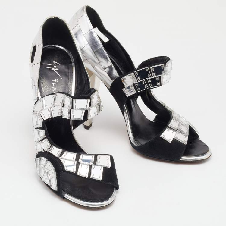Pre Owned Giuseppe Zanotti Black/Silver Leather Mirror Embellished Platform Pumps Size 39
