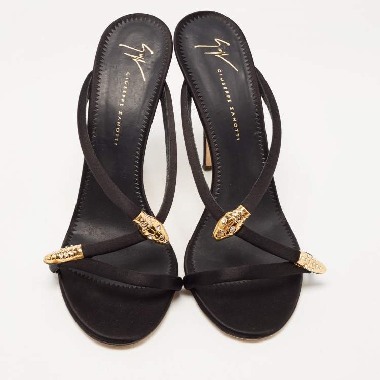 Pre Owned Giuseppe Zanotti Black Satin Crystal Embellished Snake Motif Aleesha  Slide Sandals Size 40