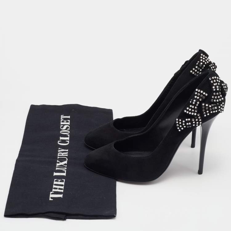 Pre Owned Giuseppe Zanotti Black Crystal Bow Embellished Suede Pumps Size 37