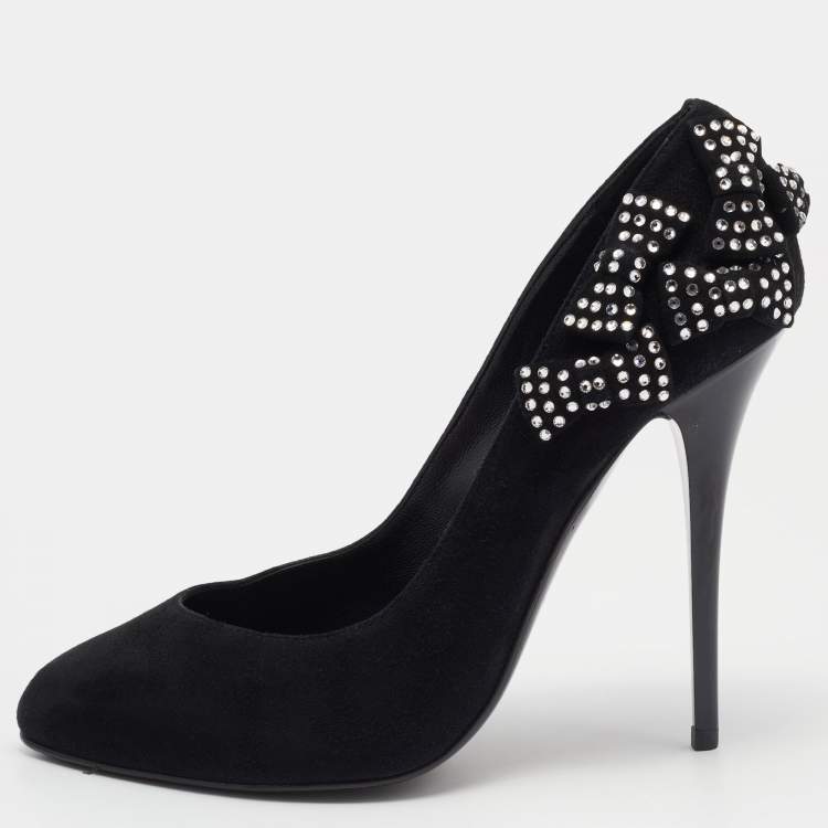 Pre Owned Giuseppe Zanotti Black Crystal Bow Embellished Suede Pumps Size 37
