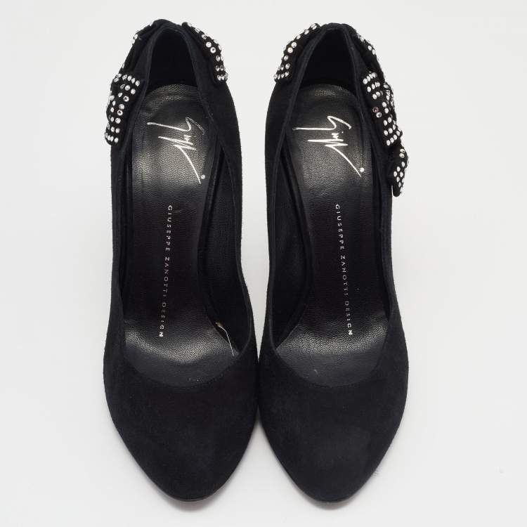 Pre Owned Giuseppe Zanotti Black Crystal Bow Embellished Suede Pumps Size 37