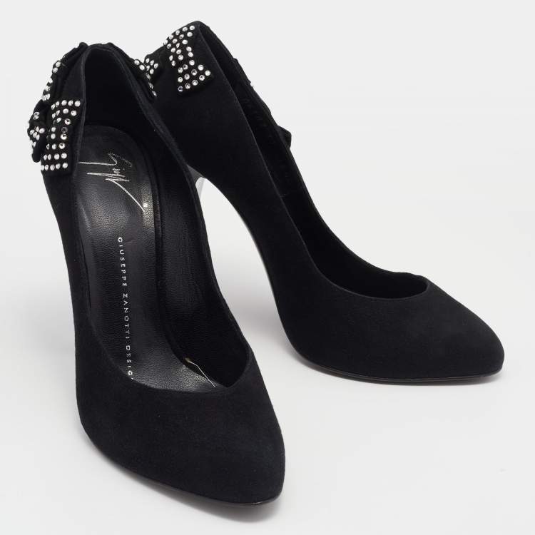 Pre Owned Giuseppe Zanotti Black Crystal Bow Embellished Suede Pumps Size 37