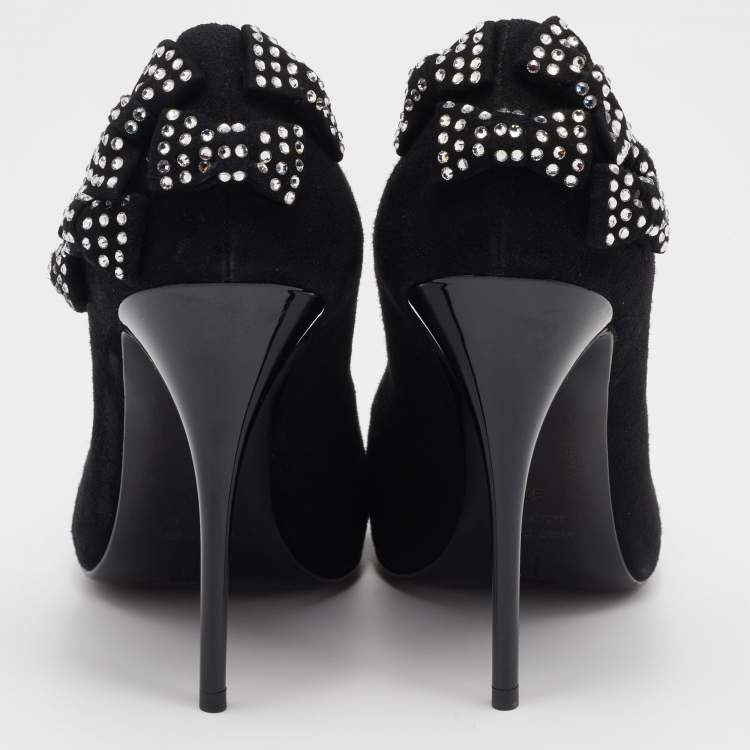 Pre Owned Giuseppe Zanotti Black Crystal Bow Embellished Suede Pumps Size 37