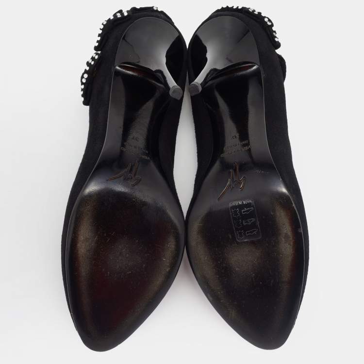 Pre Owned Giuseppe Zanotti Black Crystal Bow Embellished Suede Pumps Size 37