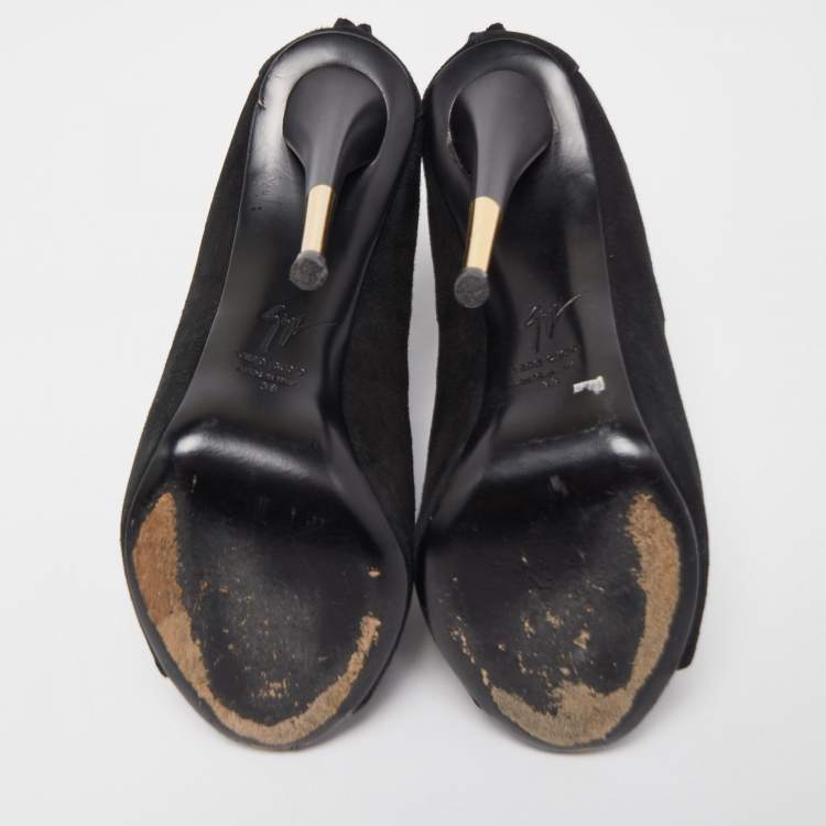 Pre Owned Giuseppe Zanotti Black Suede Cut Out Peep Toe Booties Size 38