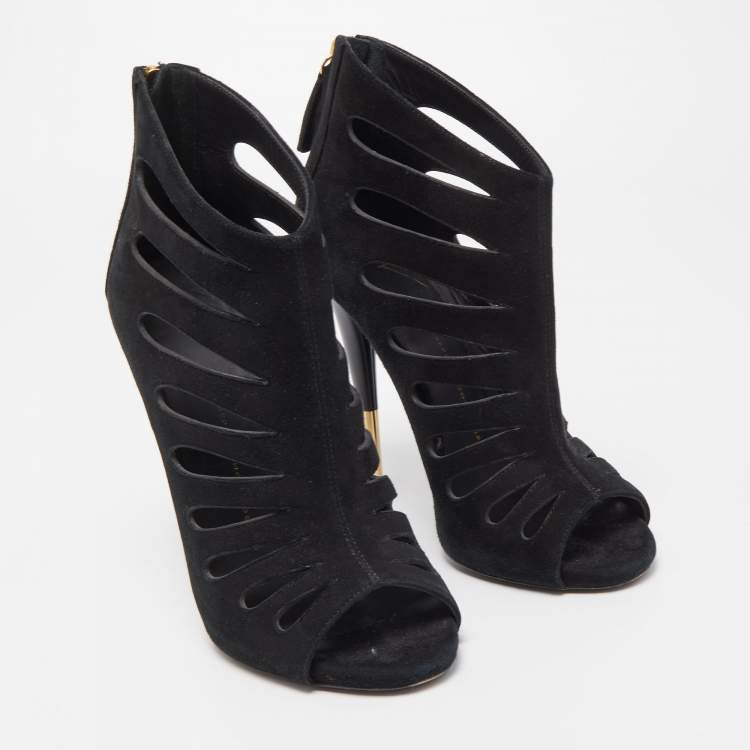 Pre Owned Giuseppe Zanotti Black Suede Cut Out Peep Toe Booties Size 38