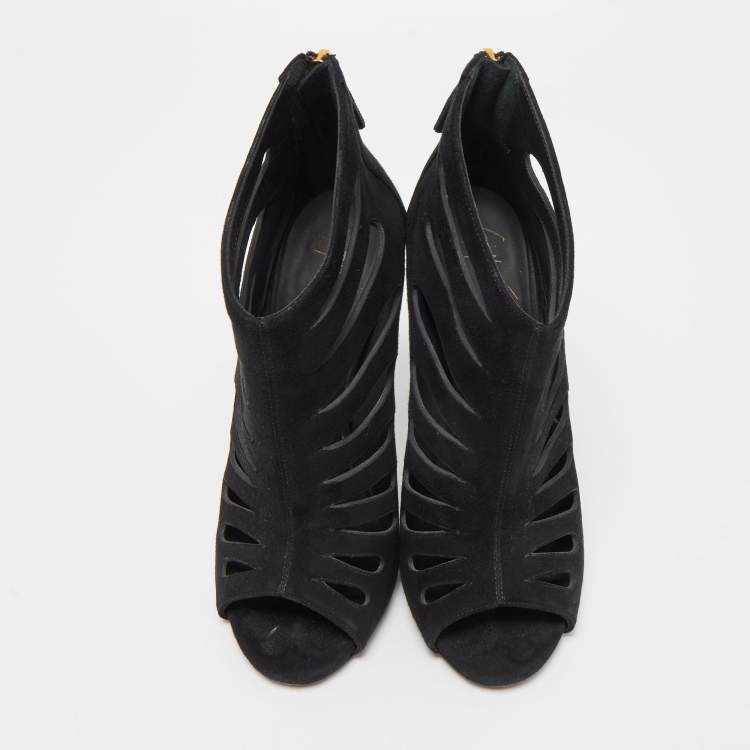 Pre Owned Giuseppe Zanotti Black Suede Cut Out Peep Toe Booties Size 38