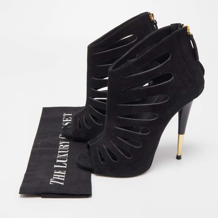 Pre Owned Giuseppe Zanotti Black Suede Cut Out Peep Toe Booties Size 38