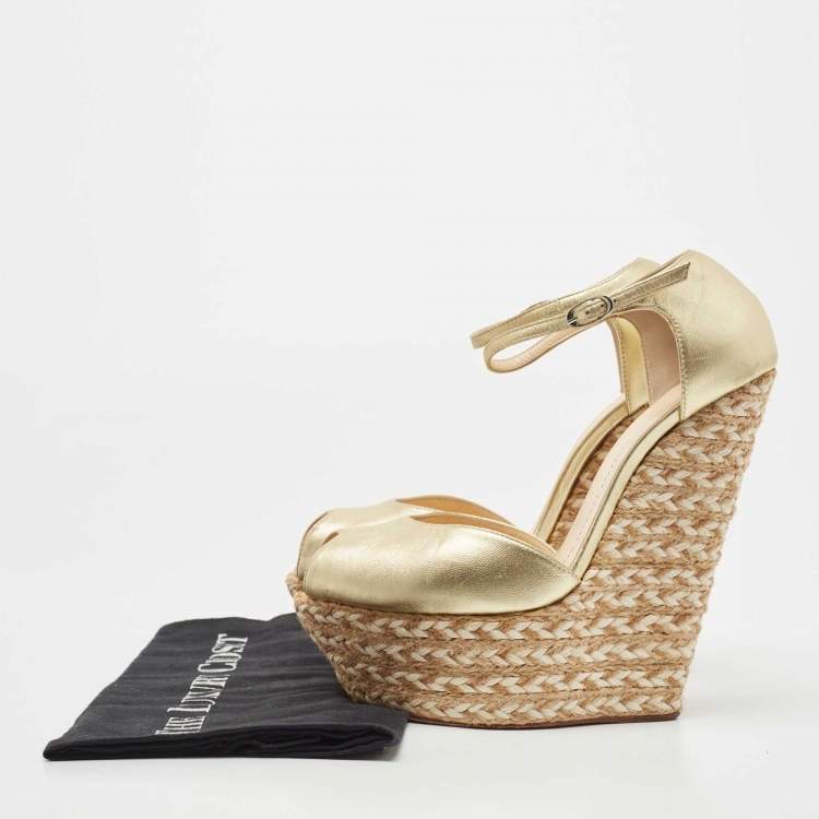 Pre Owned Giuseppe Zanotti Gold Leather Espadrille Wedge Platform Ankle Strap Sandals Size 38