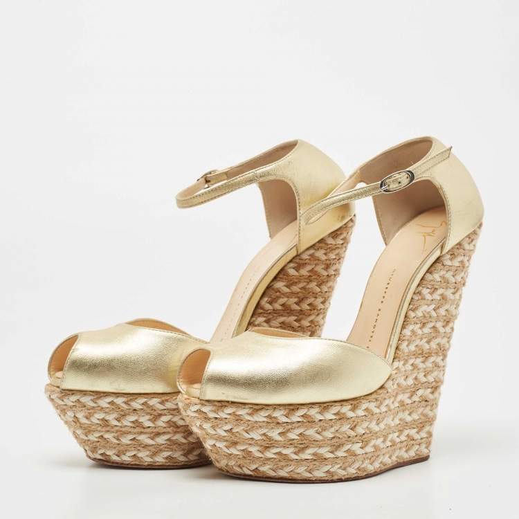 Pre Owned Giuseppe Zanotti Gold Leather Espadrille Wedge Platform Ankle Strap Sandals Size 38