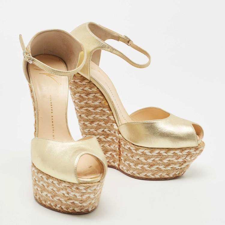 Pre Owned Giuseppe Zanotti Gold Leather Espadrille Wedge Platform Ankle Strap Sandals Size 38