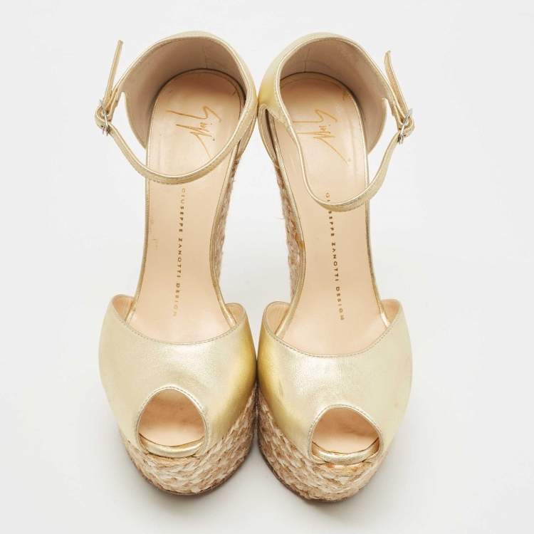 Pre Owned Giuseppe Zanotti Gold Leather Espadrille Wedge Platform Ankle Strap Sandals Size 38