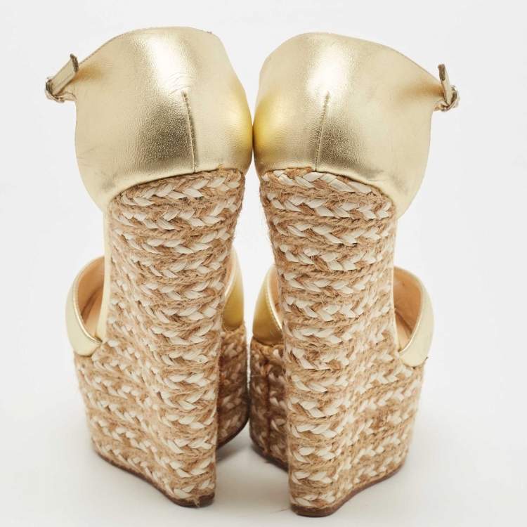 Pre Owned Giuseppe Zanotti Gold Leather Espadrille Wedge Platform Ankle Strap Sandals Size 38