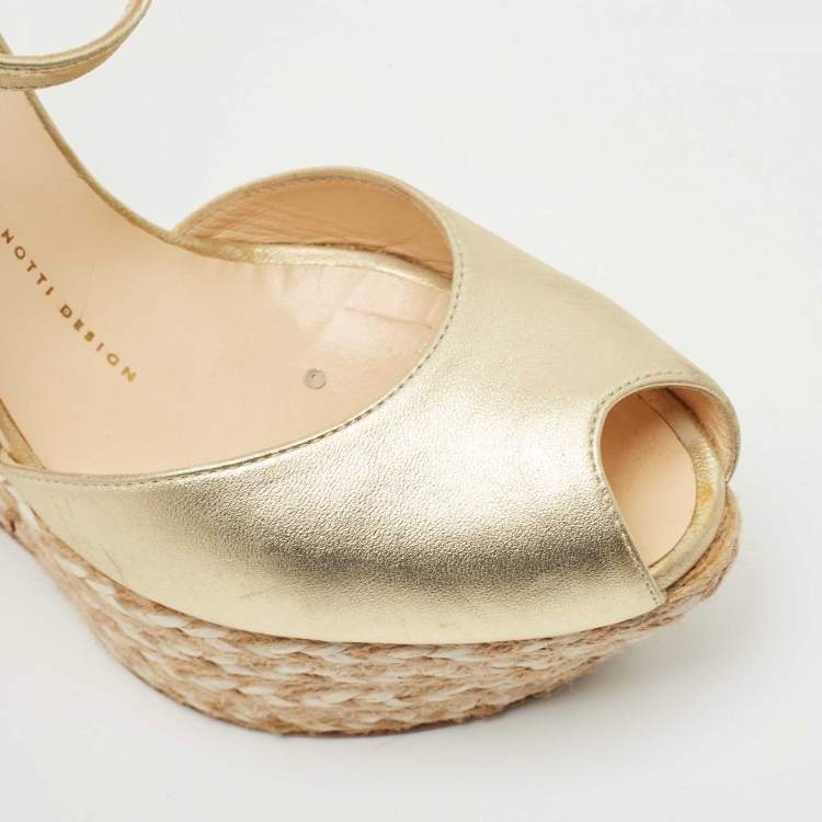 Pre Owned Giuseppe Zanotti Gold Leather Espadrille Wedge Platform Ankle Strap Sandals Size 38