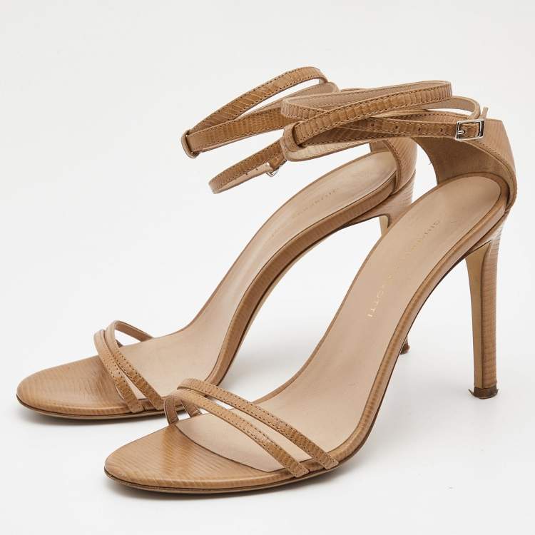 Pre Owned Giuseppe Zanotti Beige Lizard Embossed Leather Catia Ankle Wrap Sandals Size 37