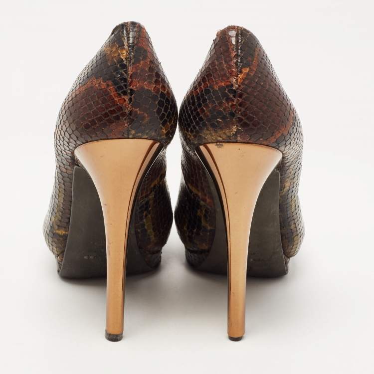 Pre Owned Giuseppe Zanotti Brown Python Embossed Leather Peep Toe Pumps Size 35