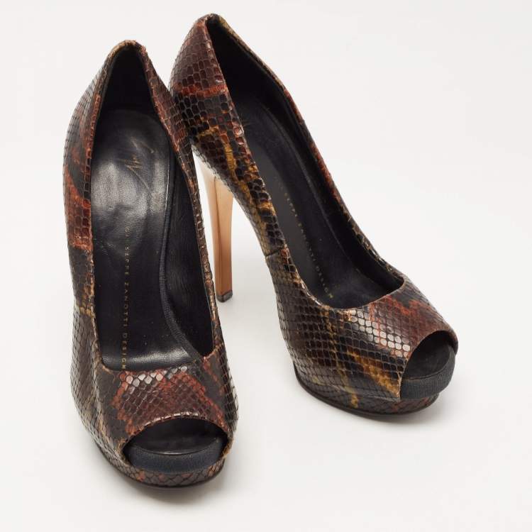 Pre Owned Giuseppe Zanotti Brown Python Embossed Leather Peep Toe Pumps Size 35
