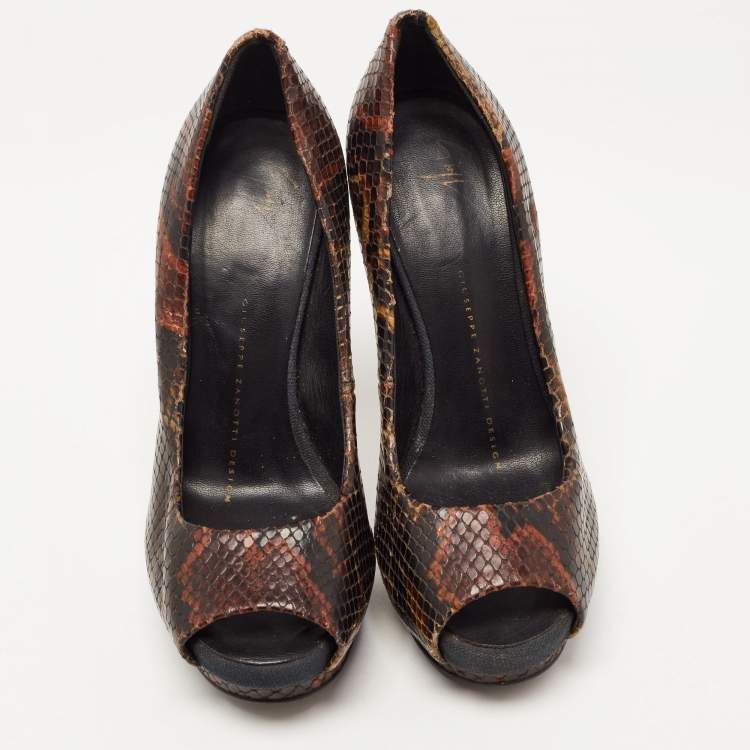 Pre Owned Giuseppe Zanotti Brown Python Embossed Leather Peep Toe Pumps Size 35
