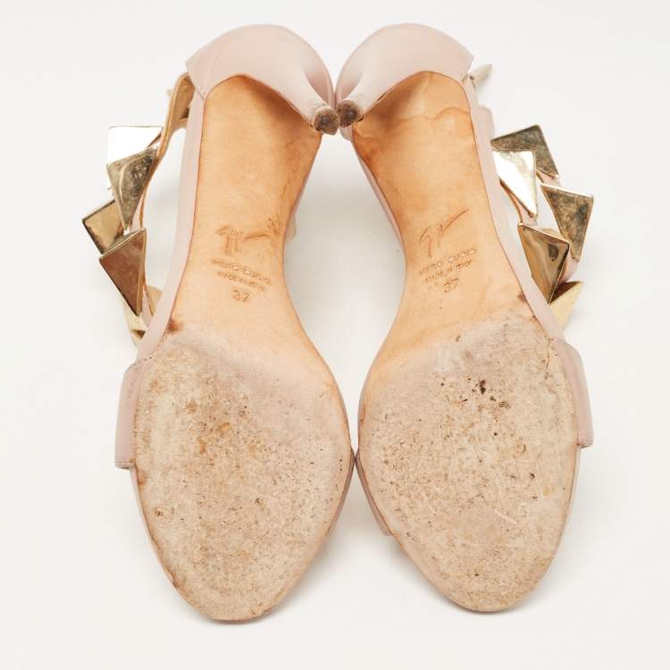 Pre Owned Giuseppe Zanotti Beige Leather Pyramid Studs Embellished Sandals Size 37