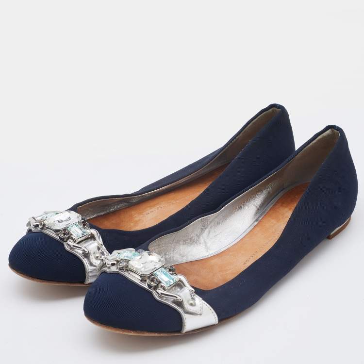 Pre Owned Giuseppe Zanotti Navy Blue Canvas Crystals Embellishment Ballet Flats Size 40.5