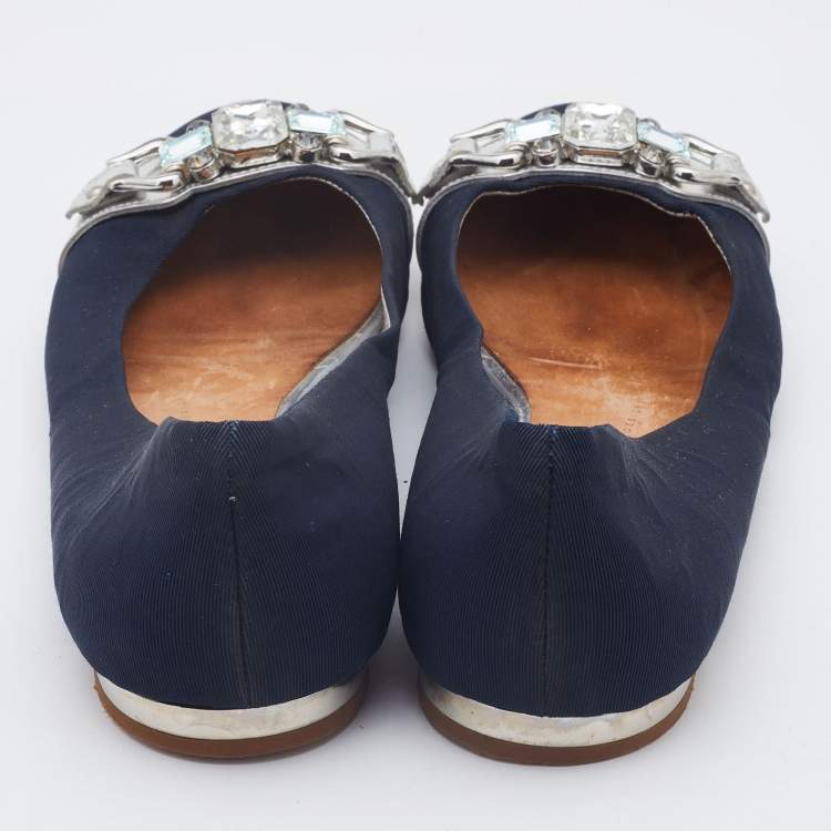 Pre Owned Giuseppe Zanotti Navy Blue Canvas Crystals Embellishment Ballet Flats Size 40.5