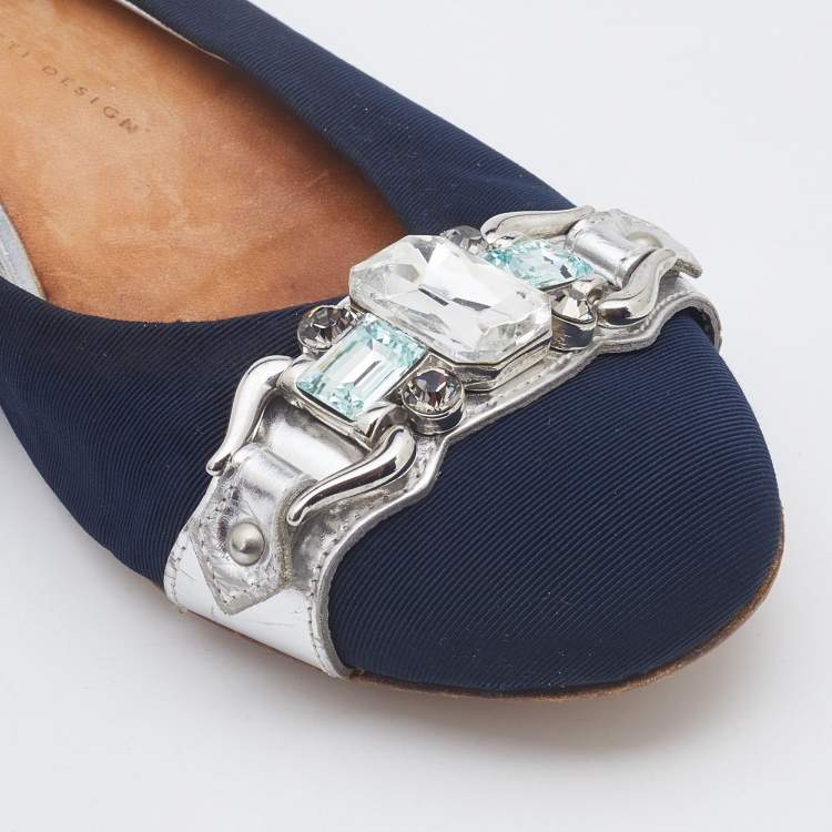 Pre Owned Giuseppe Zanotti Navy Blue Canvas Crystals Embellishment Ballet Flats Size 40.5