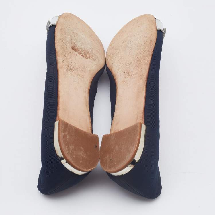 Pre Owned Giuseppe Zanotti Navy Blue Canvas Crystals Embellishment Ballet Flats Size 40.5