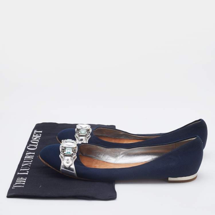 Pre Owned Giuseppe Zanotti Navy Blue Canvas Crystals Embellishment Ballet Flats Size 40.5