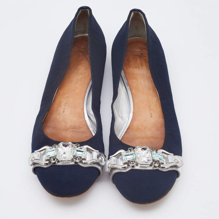 Pre Owned Giuseppe Zanotti Navy Blue Canvas Crystals Embellishment Ballet Flats Size 40.5