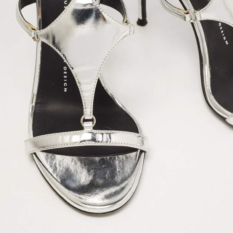 Pre Owned Giuseppe Zanotti Metallic Silver Leather Strappy Sandals Size 37.5