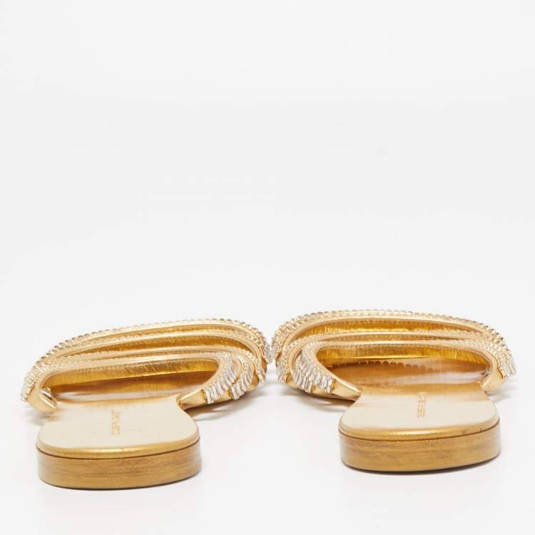 Pre Owned Giuseppe Zanotti Gold Crystal Embellished Leather Flat Slides Size 38.5