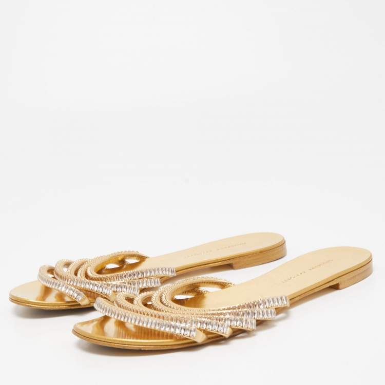 Pre Owned Giuseppe Zanotti Gold Crystal Embellished Leather Flat Slides Size 38.5