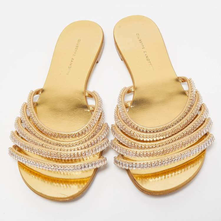 Pre Owned Giuseppe Zanotti Gold Crystal Embellished Leather Flat Slides Size 38.5