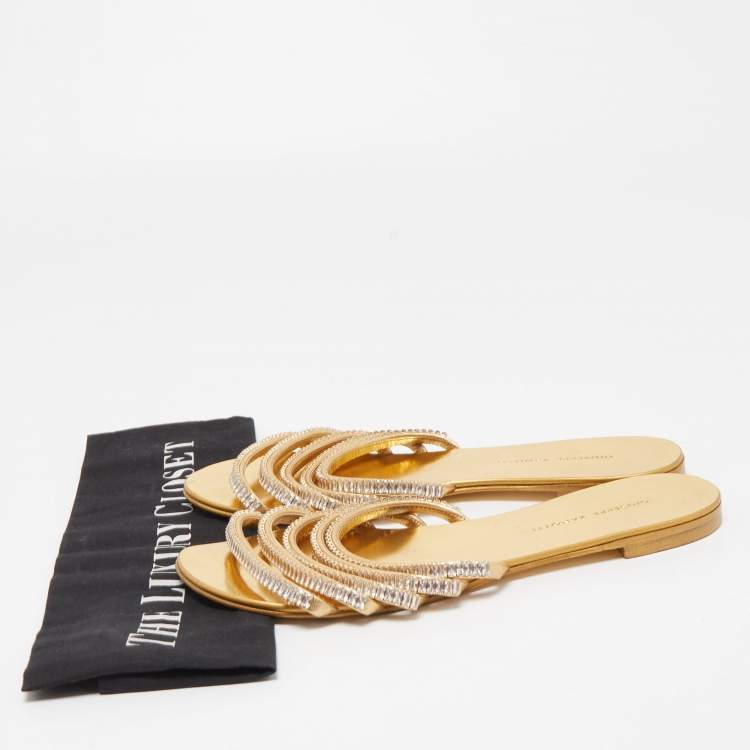 Pre Owned Giuseppe Zanotti Gold Crystal Embellished Leather Flat Slides Size 38.5