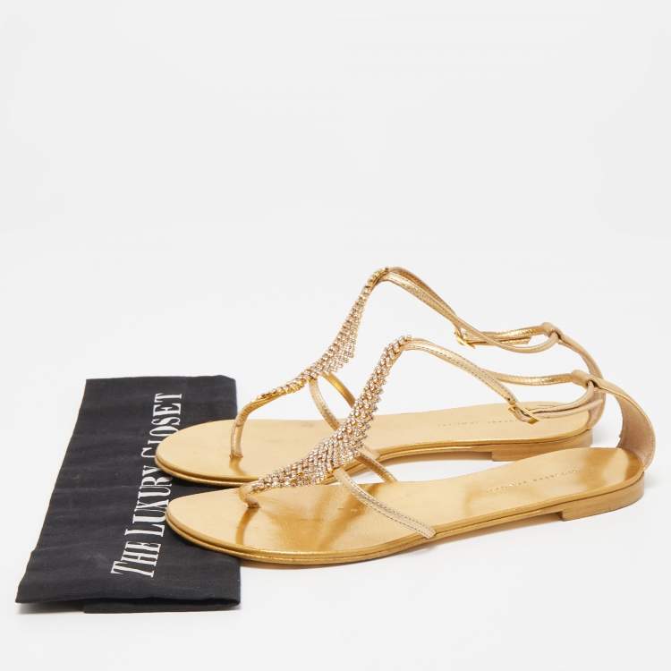 Pre Owned Giuseppe Zanotti Gold Leather Josie Thong Flat Sandals Size 38