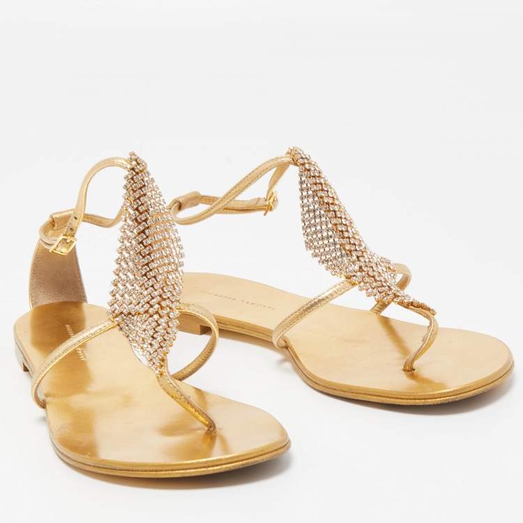 Pre Owned Giuseppe Zanotti Gold Leather Josie Thong Flat Sandals Size 38