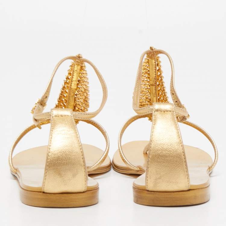 Pre Owned Giuseppe Zanotti Gold Leather Josie Thong Flat Sandals Size 38