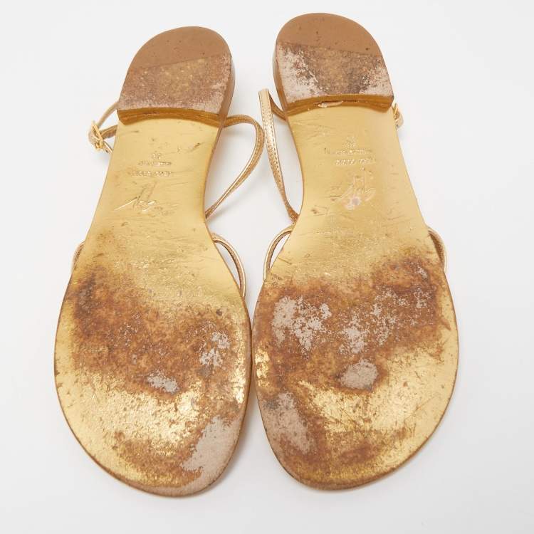 Pre Owned Giuseppe Zanotti Gold Leather Josie Thong Flat Sandals Size 38