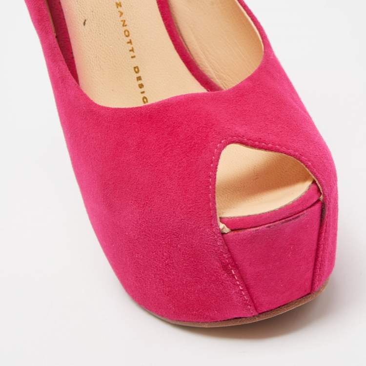 Pre Owned Giuseppe Zanotti Pink Suede Peep Toe Platform Heel Less Ankle Strap Pumps Size 39.5 