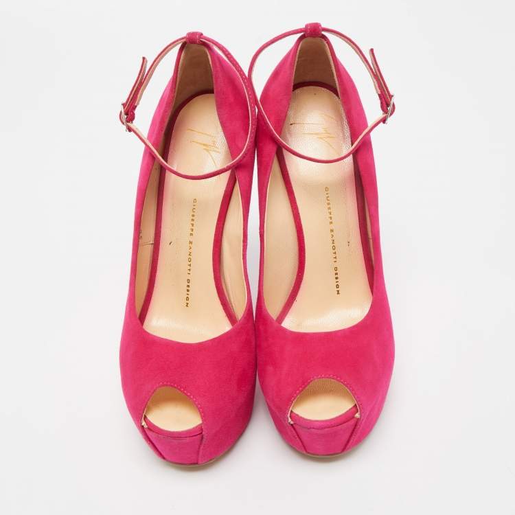 Pre Owned Giuseppe Zanotti Pink Suede Peep Toe Platform Heel Less Ankle Strap Pumps Size 39.5 