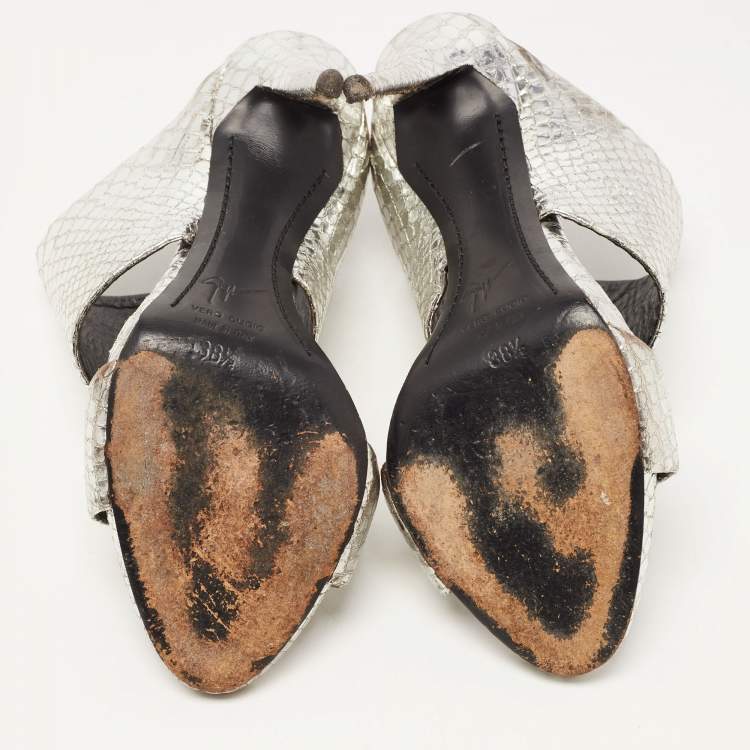 Pre Owned Giuseppe Zanotti Silver Python Embossed Leather Andrea Sandals Size 38.5