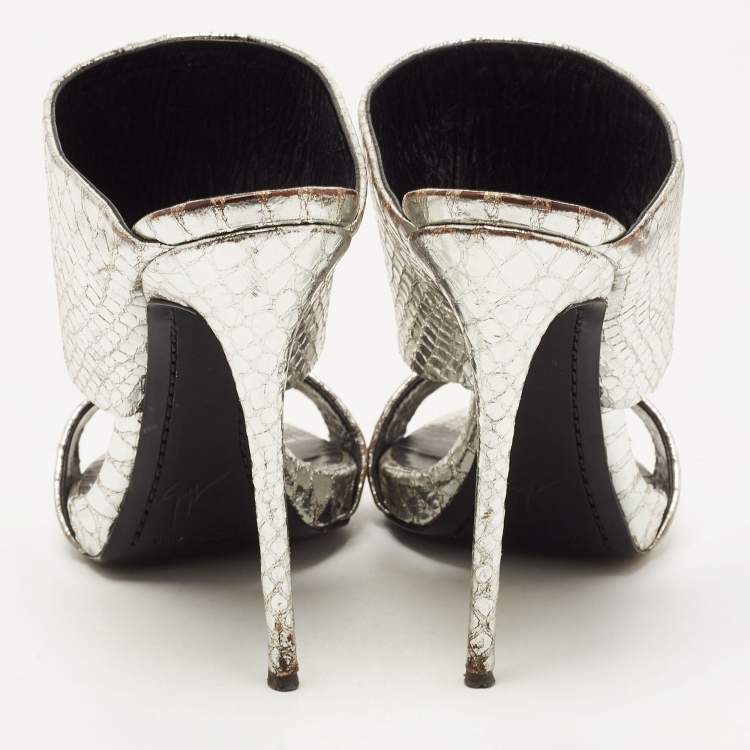 Pre Owned Giuseppe Zanotti Silver Python Embossed Leather Andrea Sandals Size 38.5