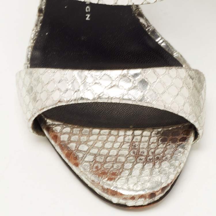 Pre Owned Giuseppe Zanotti Silver Python Embossed Leather Andrea Sandals Size 38.5