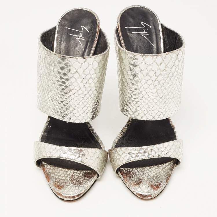 Pre Owned Giuseppe Zanotti Silver Python Embossed Leather Andrea Sandals Size 38.5